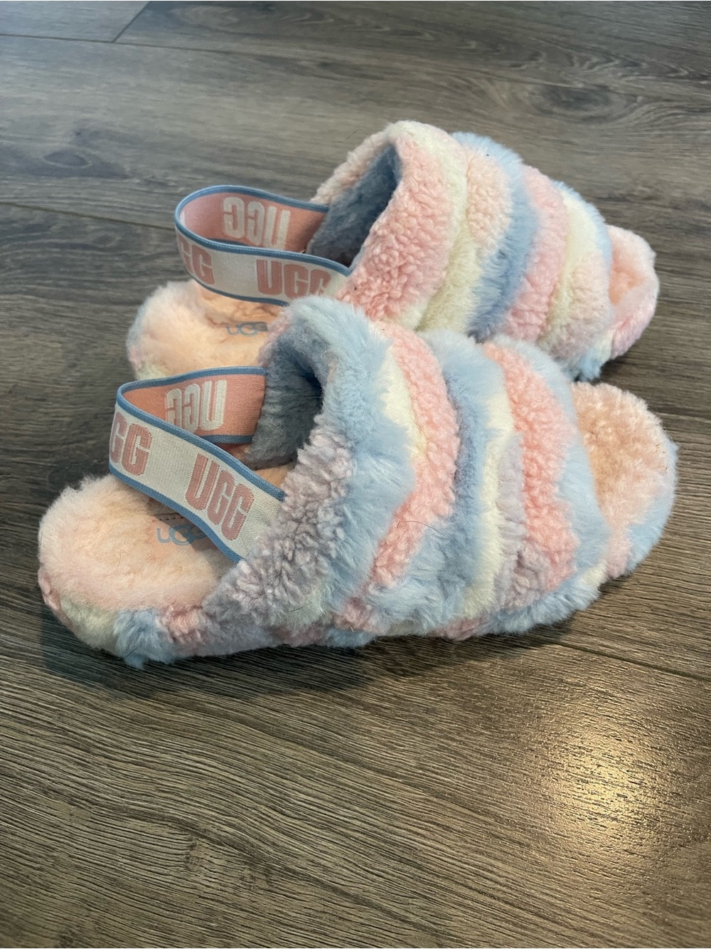 UGG Pastel Stripe Fluff Slides in Pink, Blue & Cream